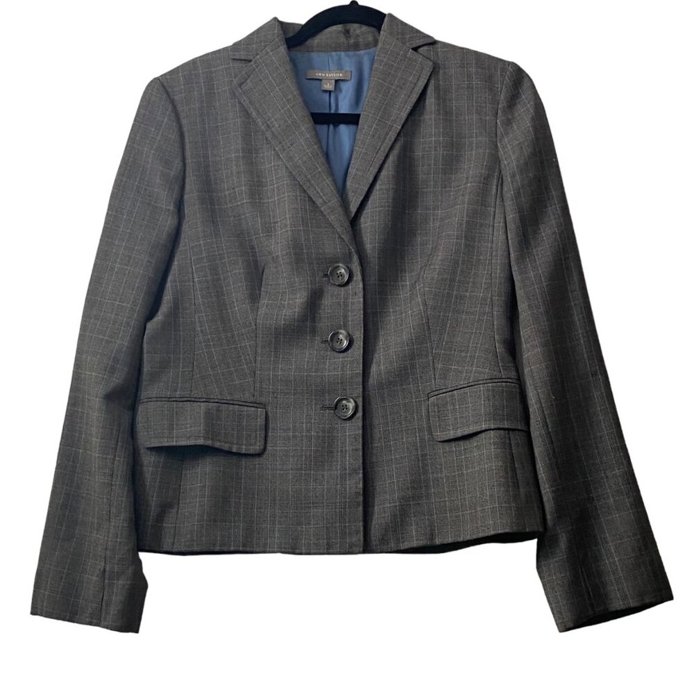Ann Taylor Wool Blazer Jacket Women Size 8 Gray Check 3 Button Lined
